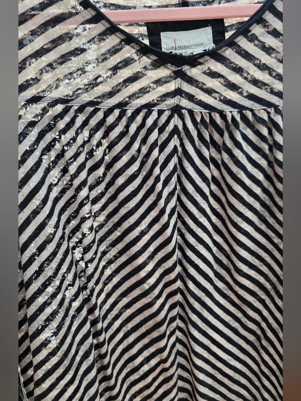 Anthropologie Black and Beige Distressed Sheer V-Neck Top Y2k Small - Picture 8 of 10
